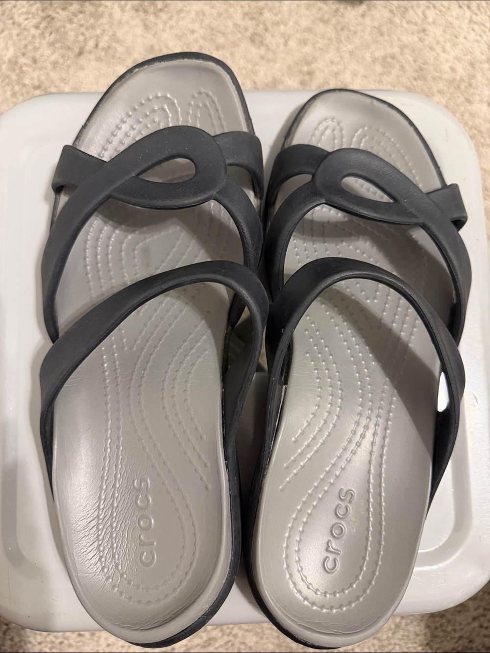 CROCS Women’s Black Strappy Sandals with Light Gray Footbed